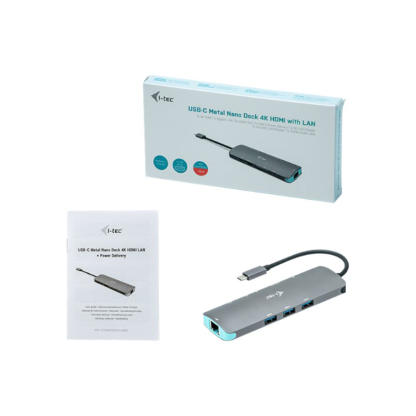 I-TEC USB C Metal Nano Docking Station 1x HDMI 4K 1x SD Kartenleser 1x MicroSD Kartenleser 1x GBit LAN 1x Audio 3x USB 3.0 Port 1x USB-C PD